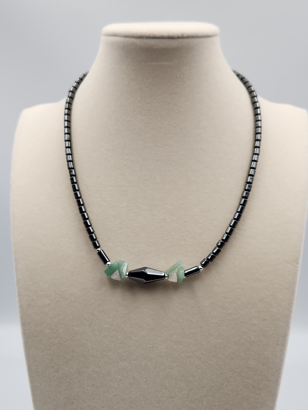 Black Hematite Bead Necklace with Light Green Gem Accents